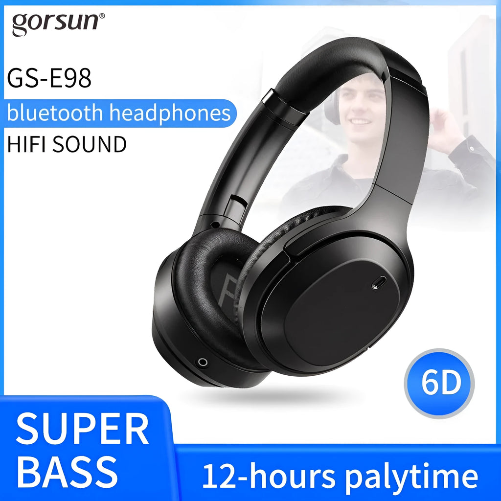 Black Gorsun E98 over-ear Bluetooth headphones with memory-protein cushions on headband.