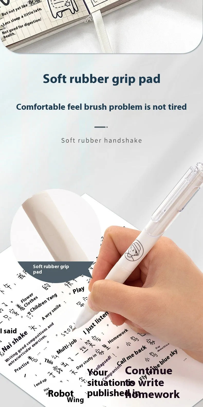 Five white plastic ballpoint pens with 0.5mm tips and black ink displayed together