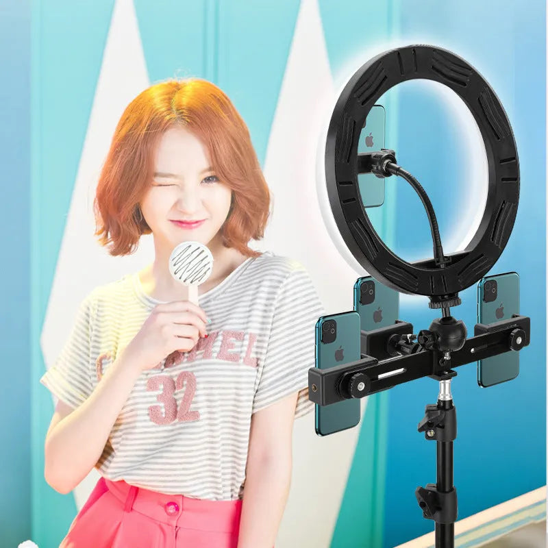 10-inch circular ring selfie light with adjustable metal bracket for smartphone photography