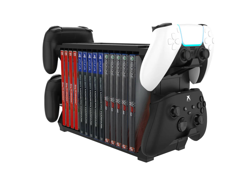 Black PS5 disc holder stand storing game cartridges and four controllers