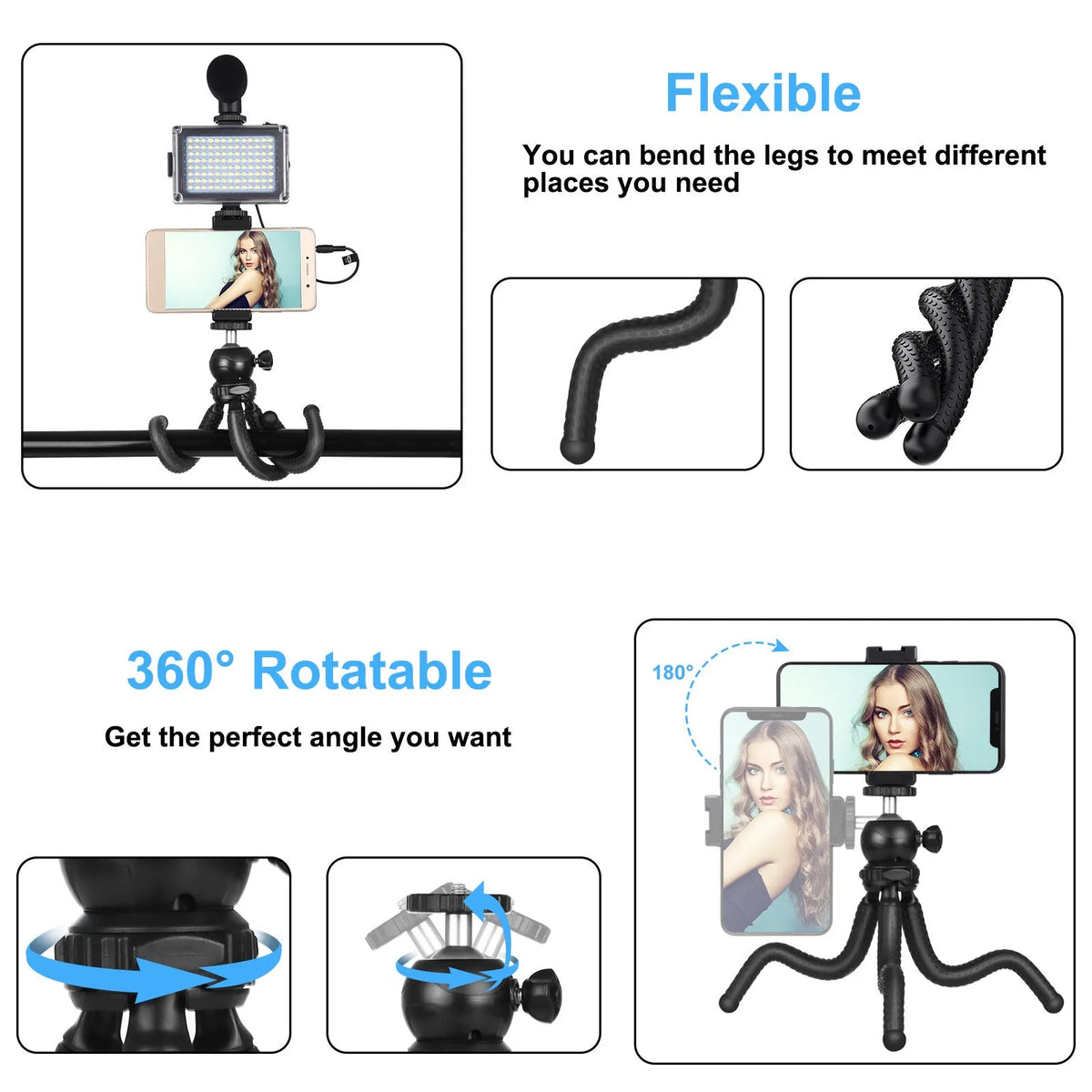 Black Octopus Yripod live broadcast kit with flexible legs, fill light, and microphone attached to a smartphone.