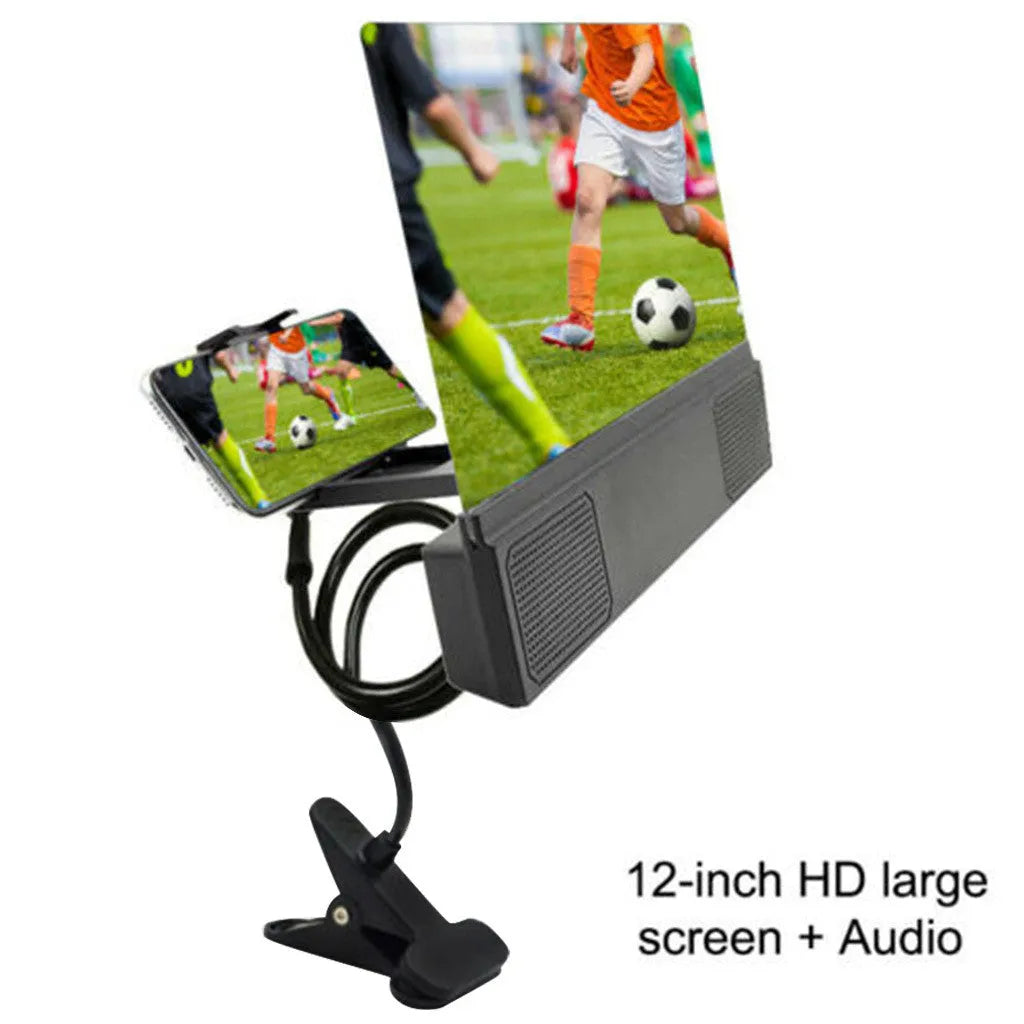 12-inch foldable mobile phone screen amplifier with flexible gooseneck and built-in speakers.