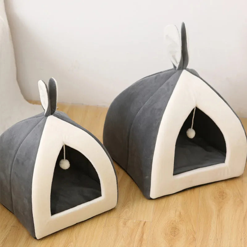 Rabbit ear Mongolian nest pet bed in Arctic velvet with PP cotton, shown in Grey and Pink, sizes S to XL