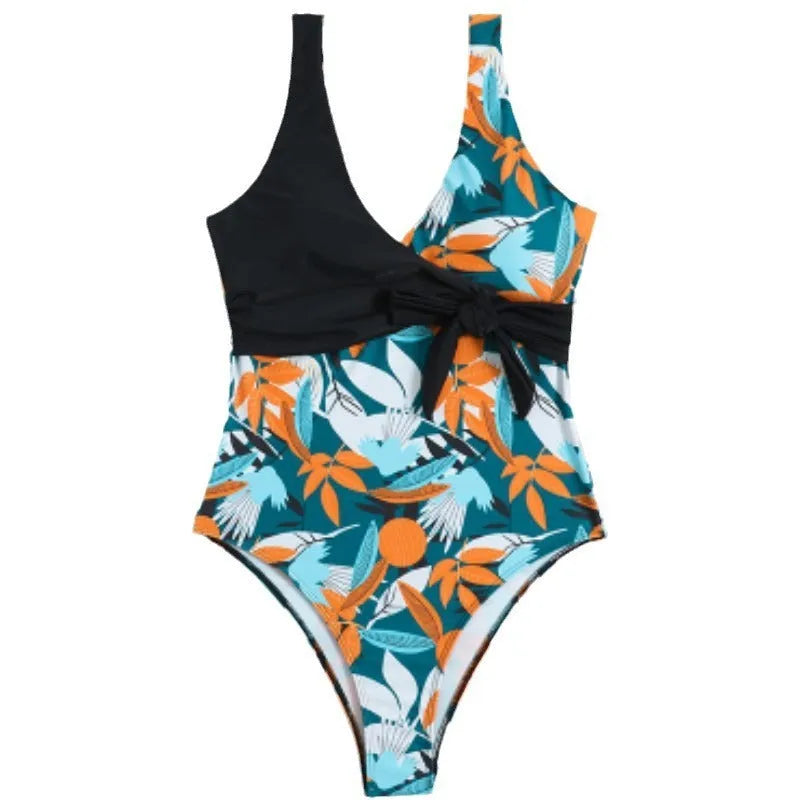 Women's high waist one-piece bikini in a printed pattern, made from quick-dry fabric.