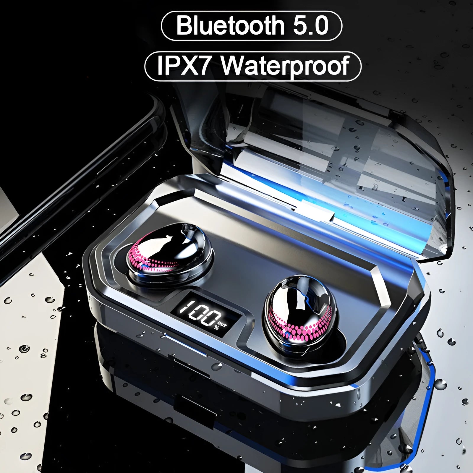 Black X10 Bluetooth headset and its compact rectangular charging case on a white background.