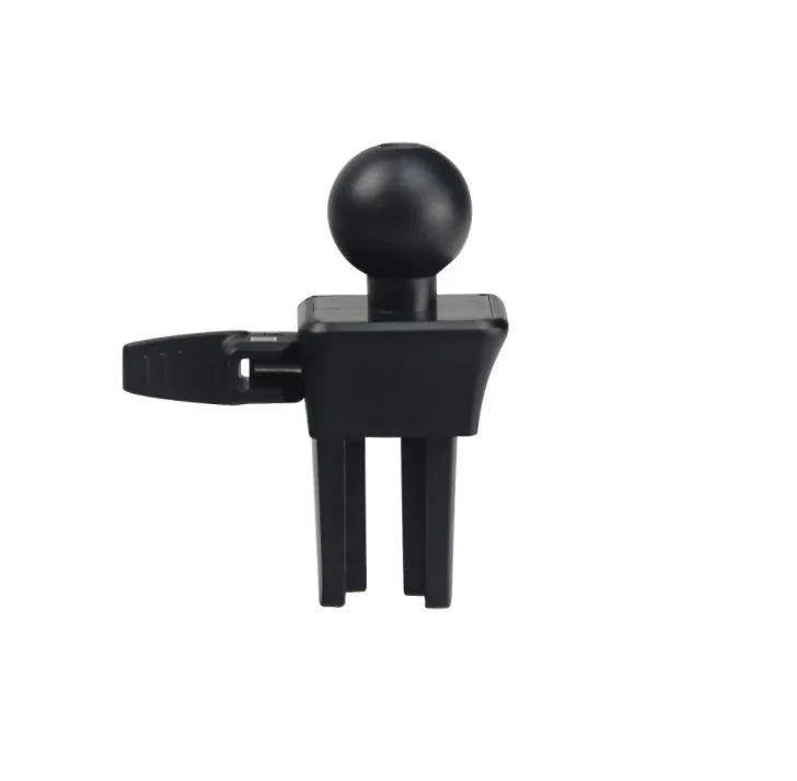 Black mobile phone holder clipped to car air conditioning vent with smartphone mounted