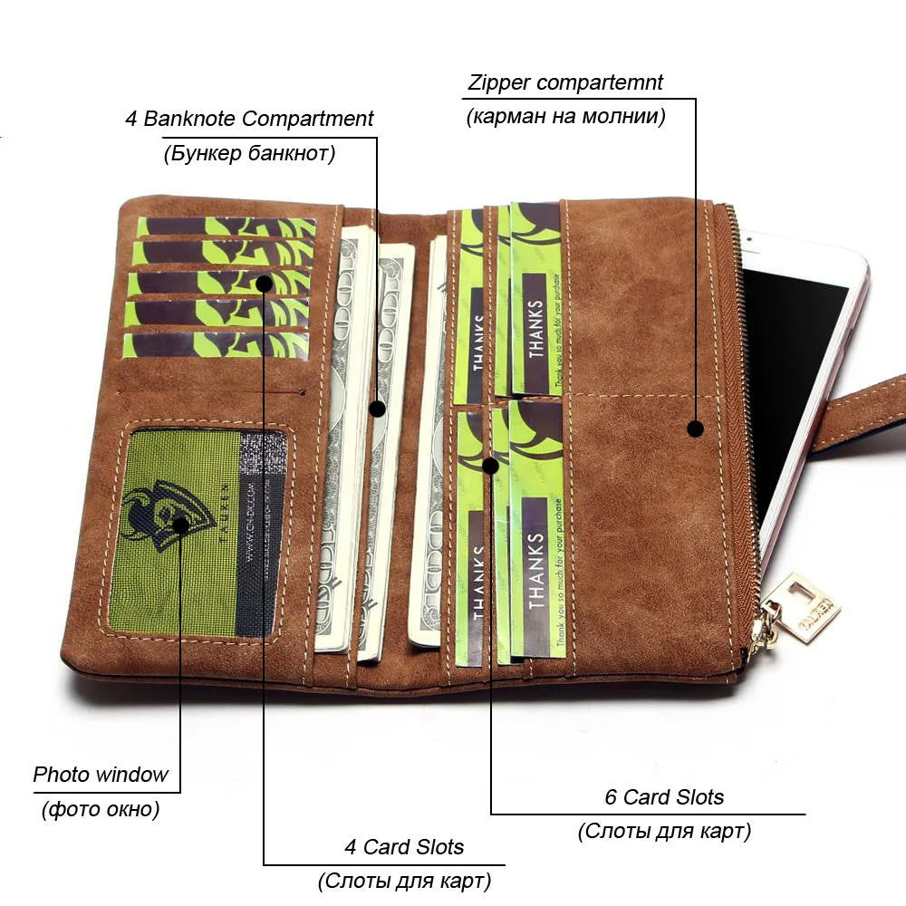 Women's vertical long retro wallet in matte PU leather with zip, shown in Army green colour