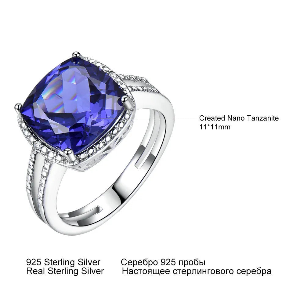 Women's sterling silver ring with a blue Tanzanite gemstone, shown in size 10.