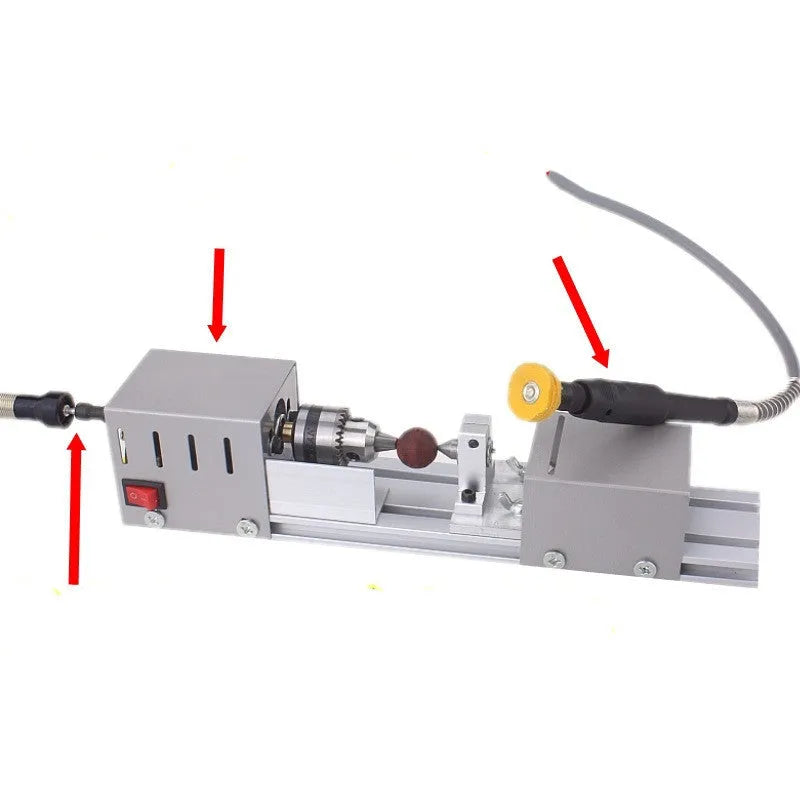 Mini silver metal woodworking lathe with carving knives and accessories for manual turning