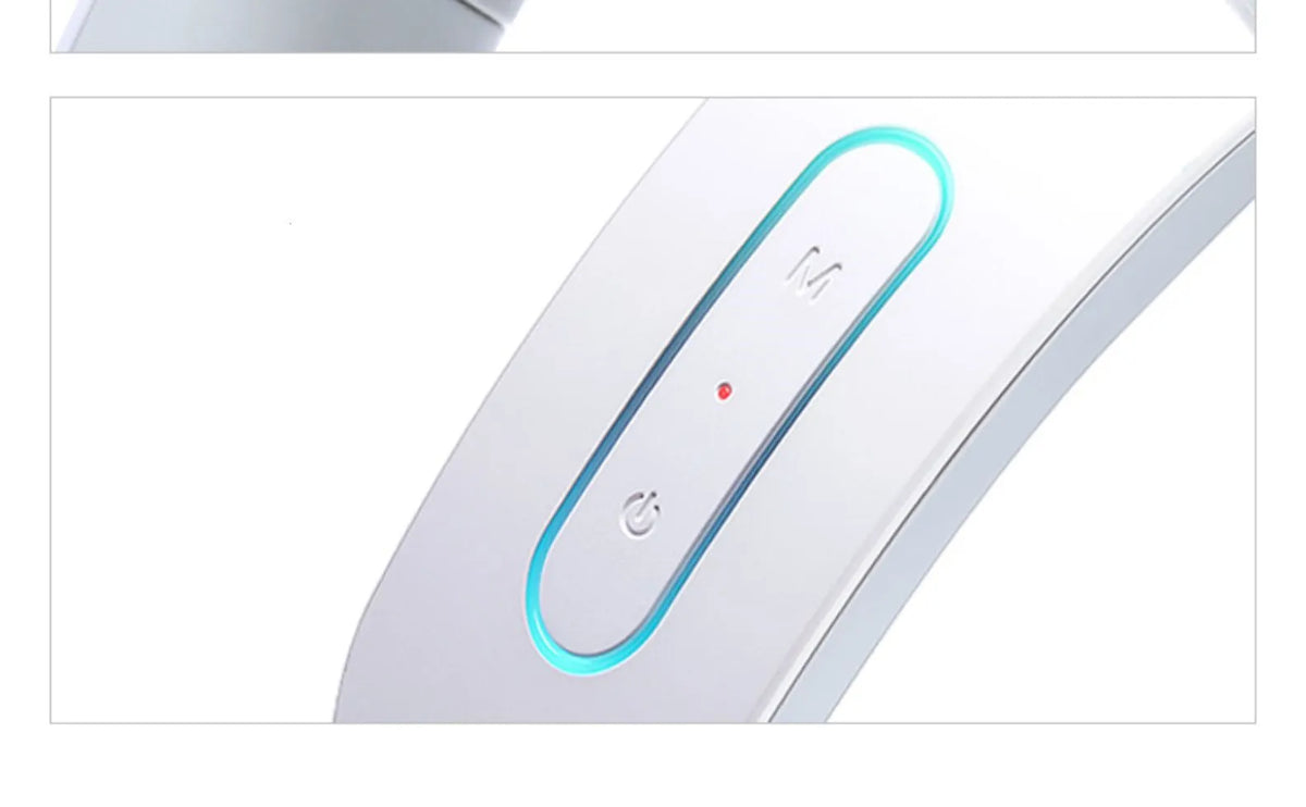 White electric acupressure massager for back neck and shoulder pain relief on a grey background.