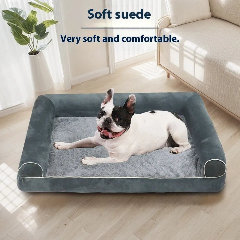 Square sponge dog bed in blue colour with removable cloth cover showing size dimensions