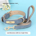 Double-layer leather dog collar and matching lead in rose red, brown, or blue for small to extra large dogs.