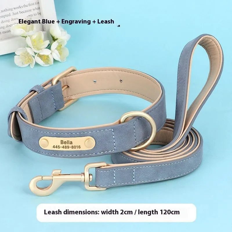 Double-layer leather dog collar and matching lead in rose red, brown, or blue for small to extra large dogs.