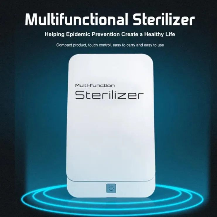 Blue UV phone steriliser unit with lid open, showing internal purple light for sanitising mobile phones.