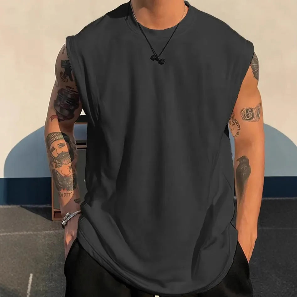 Men's loose fit cotton sleeveless tank top in solid colours showing front view
