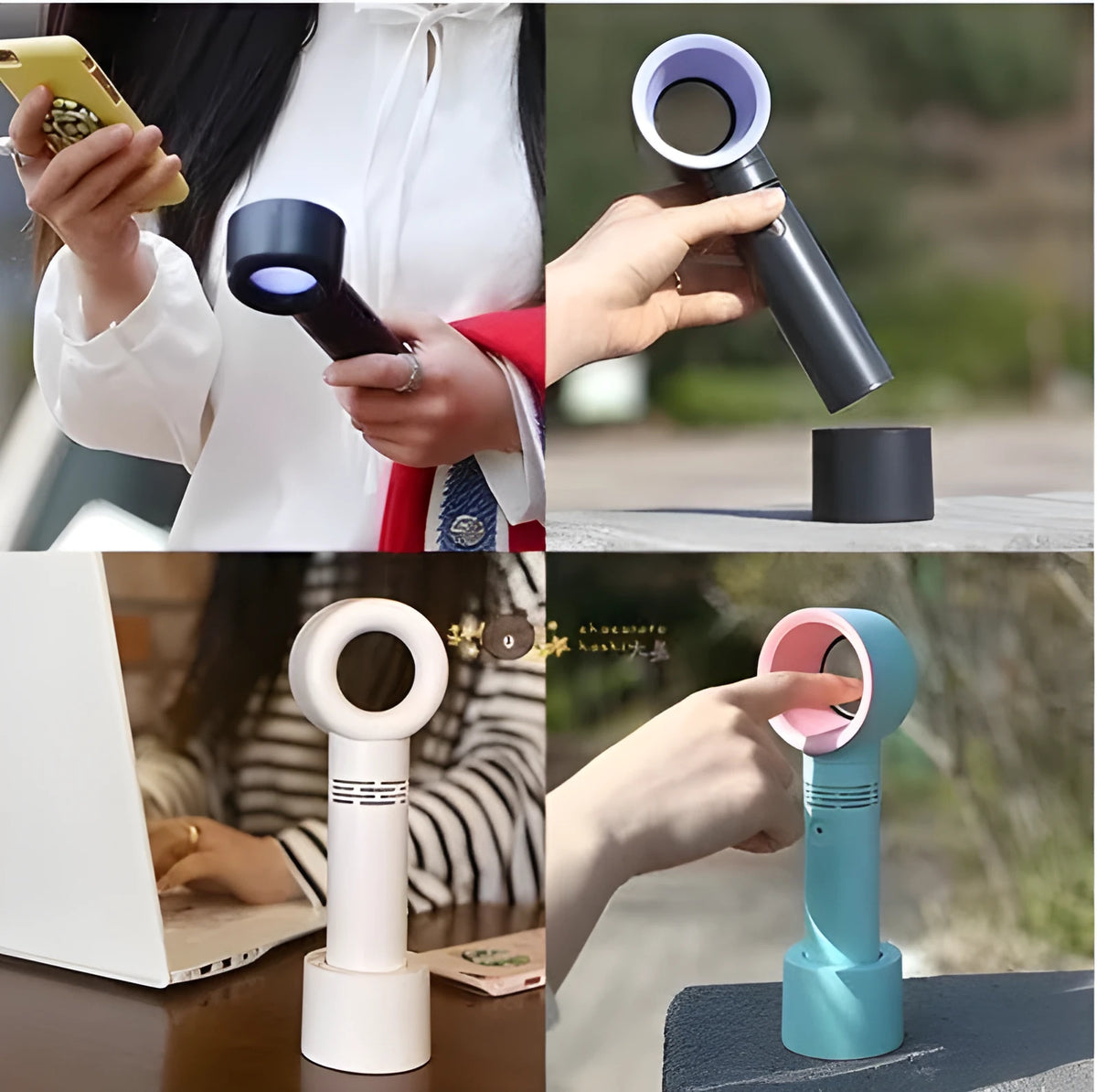 A compact portable bladeless fan with USB cable, shown in one of the available colours like blue or white.