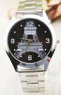 Eiffel Tower analogue wrist watch with black leather strap and Paris-themed dial.