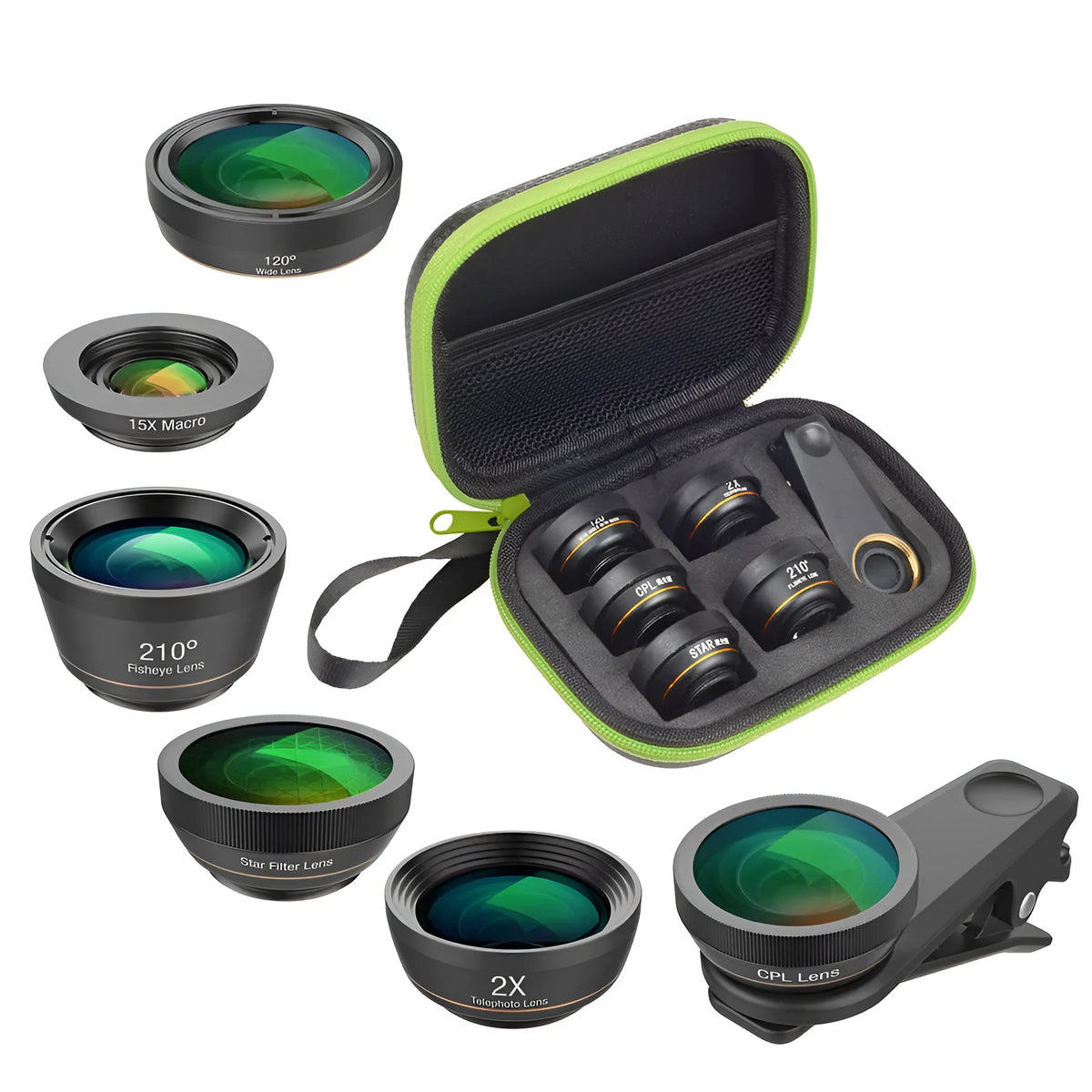 Black 6-in-1 smartphone camera lens kit with fisheye, macro, wide-angle, telephoto, CPL and star filters in a case.