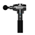 Black and white electric percussion massage gun for muscle relaxation on a grey background.