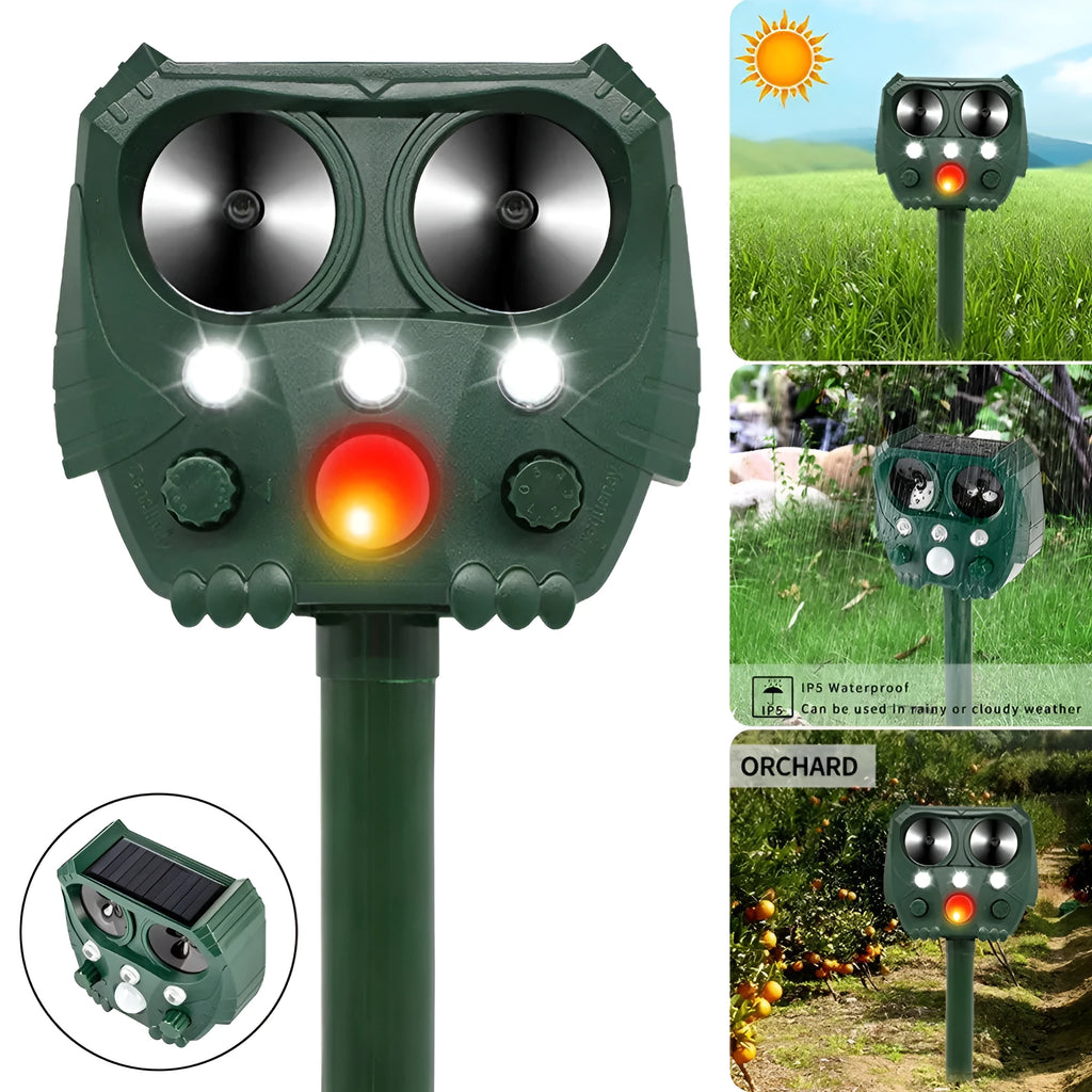 Green solar-powered ultrasonic animal repeller with motion sensor for outdoor pest control.