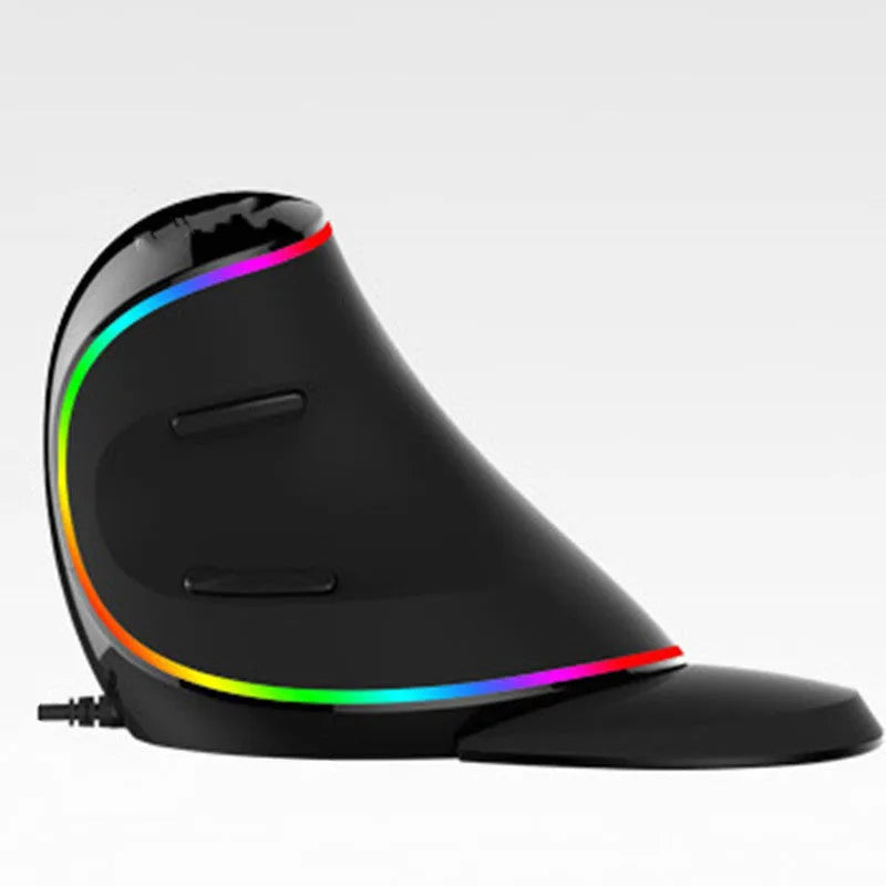 Vertical snail-shaped ergonomic computer mouse with RGB lighting and a USB cable.