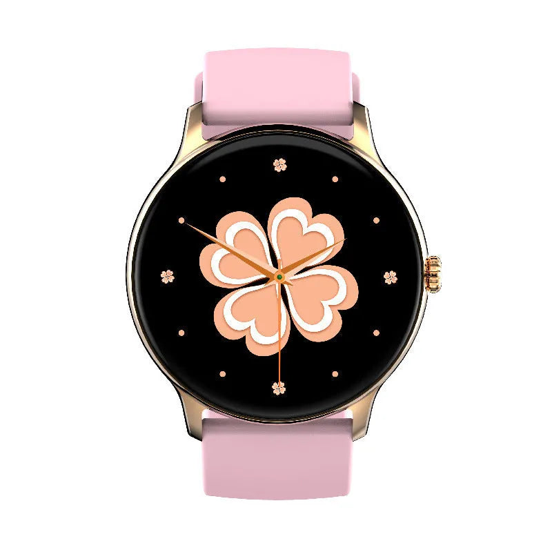 Black smart sports watch with blood pressure monitoring on a wrist, showing a 1.28-inch touch screen display.