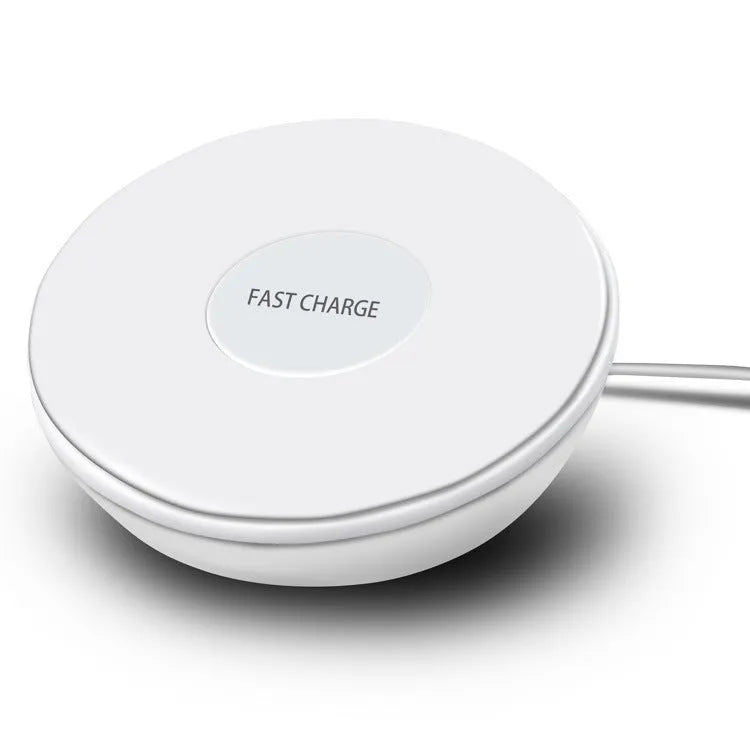 White wireless smartphone charger with digital clock display and three control buttons on the front.