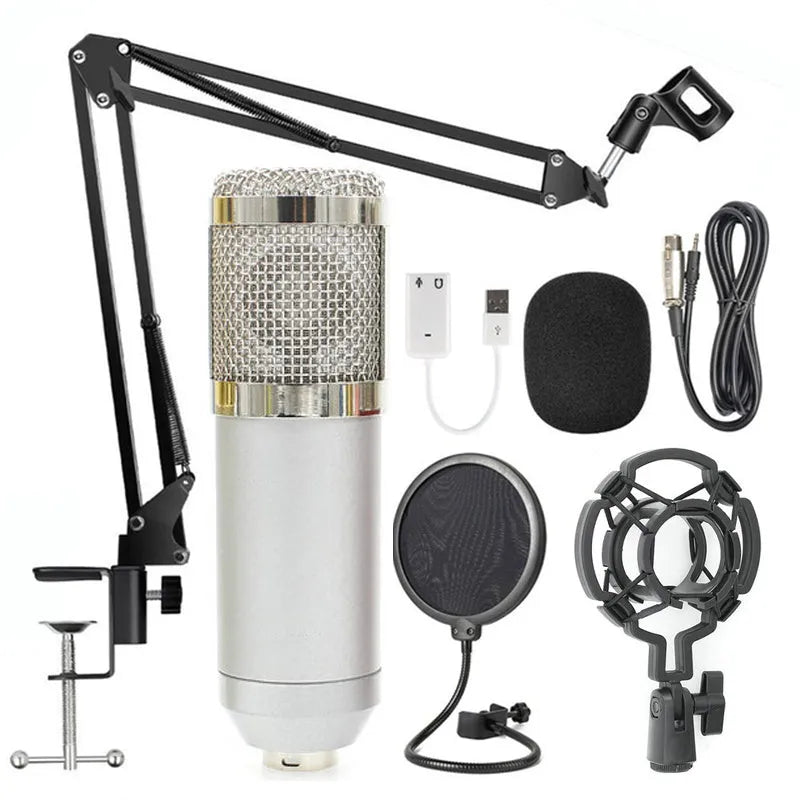 BM-800 condenser studio microphone with electroplated mesh head in choice of colours including black, silver, gold, and pink.