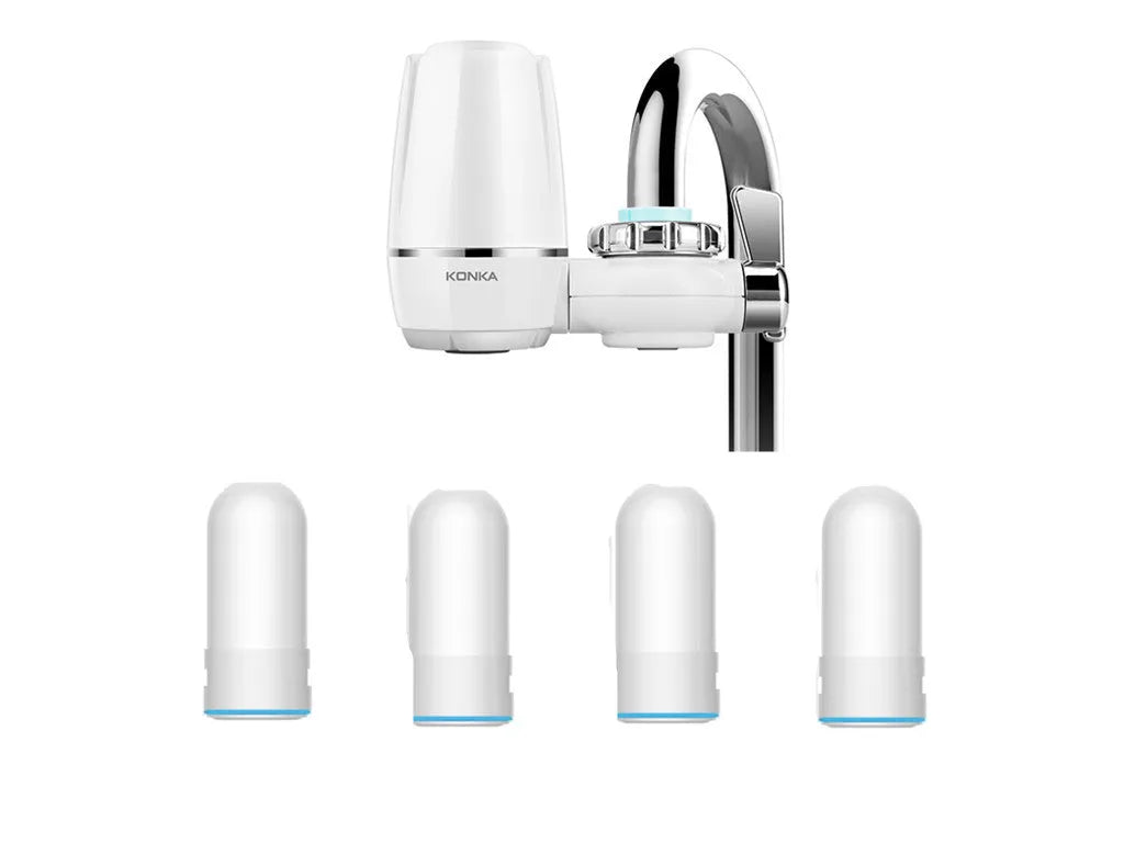 White plastic faucet water filter with adapter kit and ceramic cartridge for kitchen tap installation.
