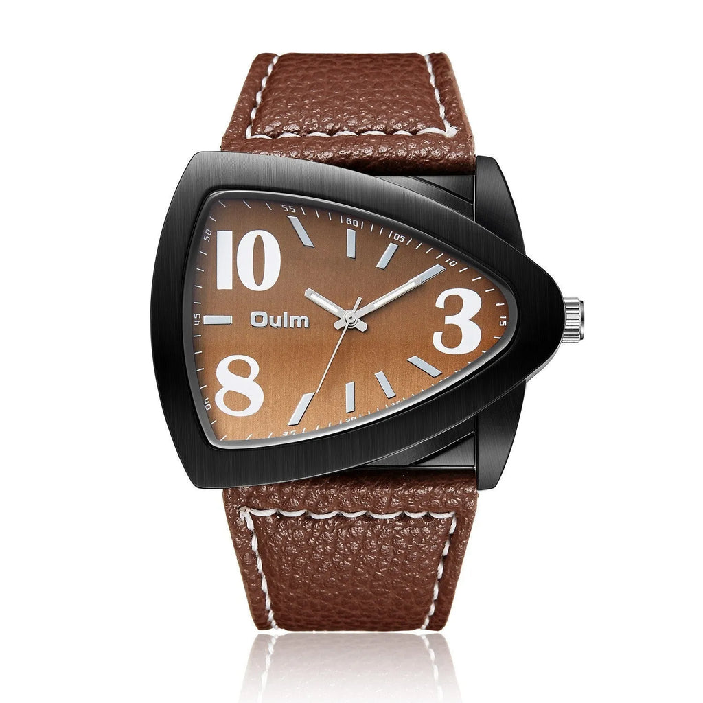 Men's casual watch with triangle belt strap in brown, shown from the side highlighting its 9mm thickness.