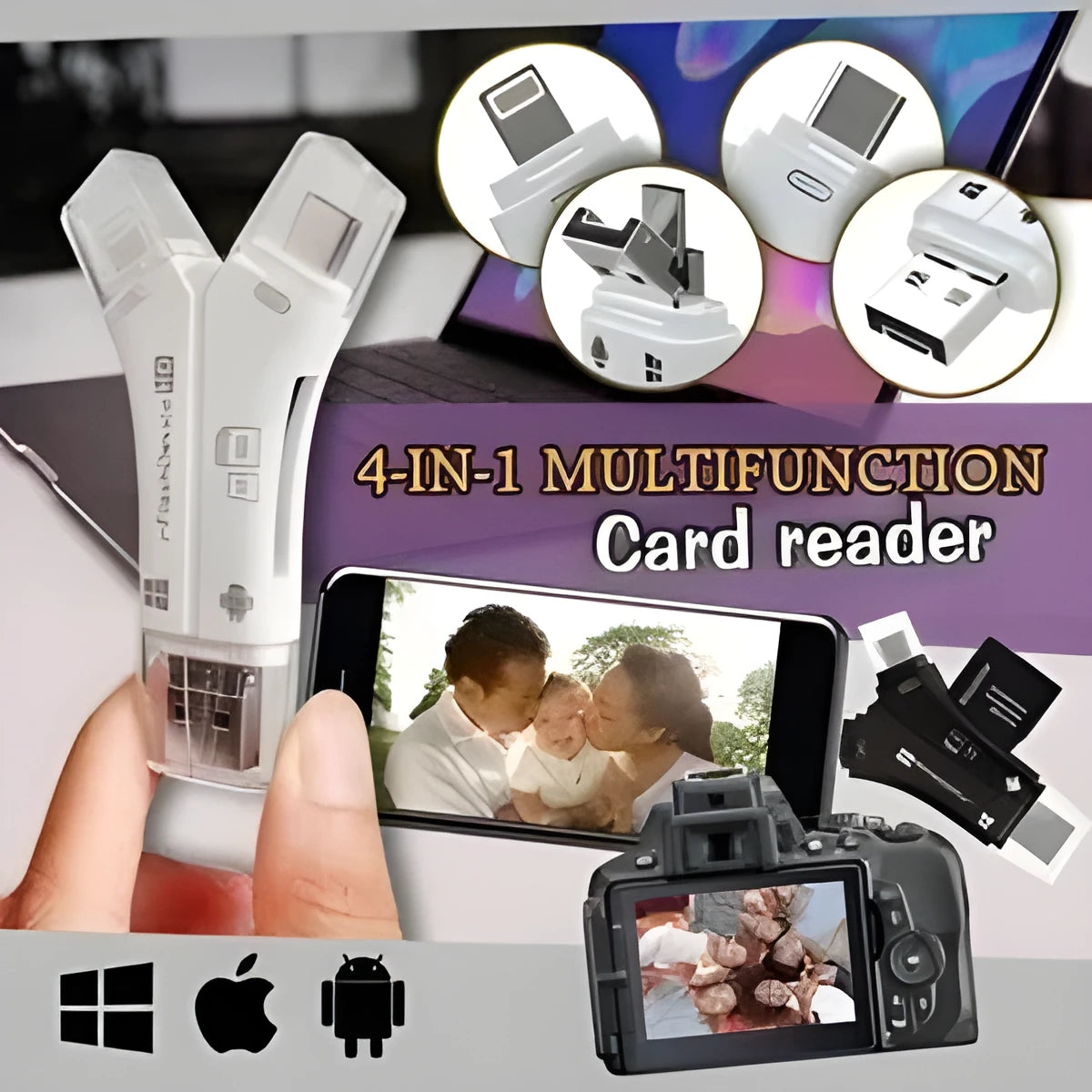 White 4-in-1 mobile phone card reader with Lightning, USB, Micro USB, and Type-C ports for SD cards