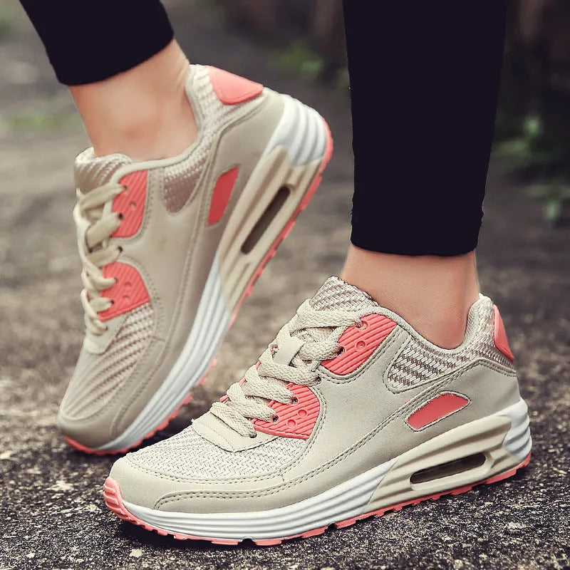 Women's low-heel casual shoes in beige orange, grey, or pink purple, showing a 3.5 cm heel.
