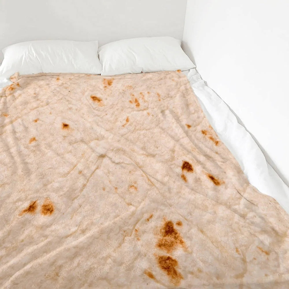 Round shape flannel burrito blanket with food-themed printing showing coral fleece texture