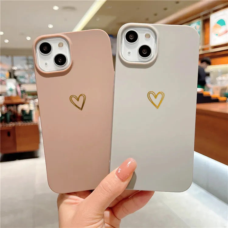 Soft brown silicone iPhone case featuring a hot stamping love heart design on the back.