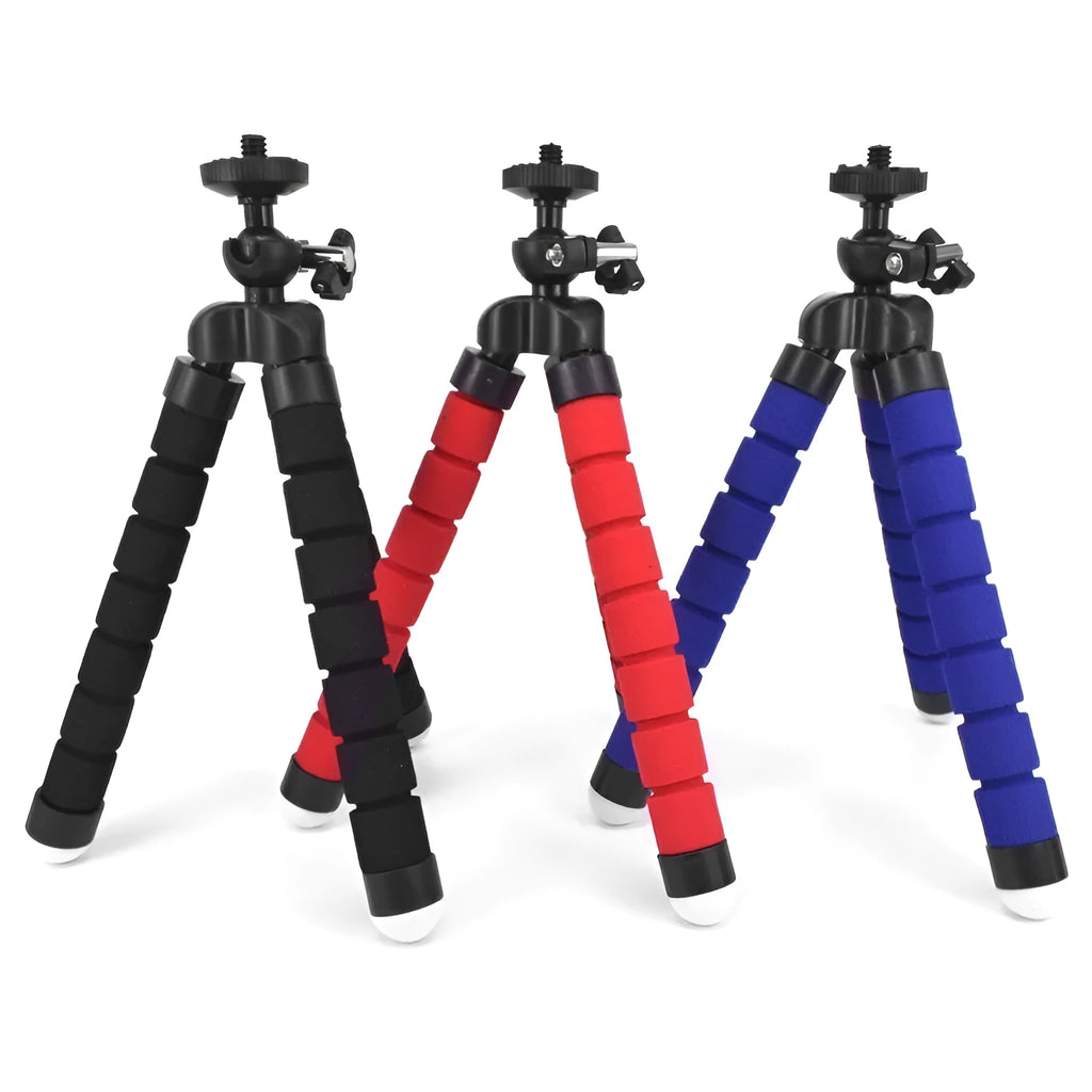 Black flexible octopus tripod with wrapped legs holding smartphone for angled photography