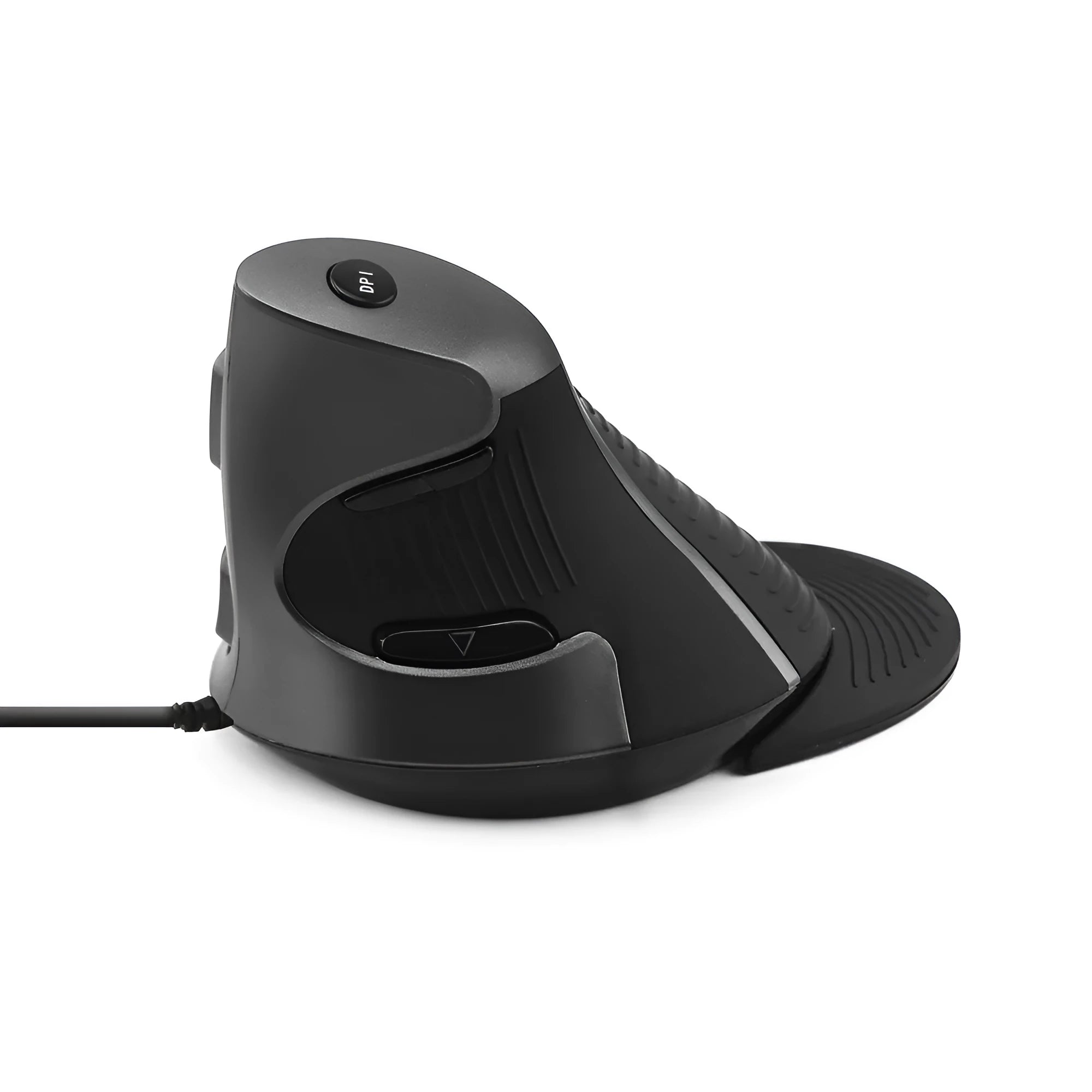 Ergonomic vertical mouse in black and white colours showing handshake grip position