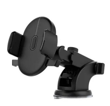 Yellow and black telescopic car phone holder with suction cup mounted on a car dashboard