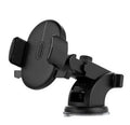Yellow and black telescopic car phone holder with suction cup mounted on a car dashboard