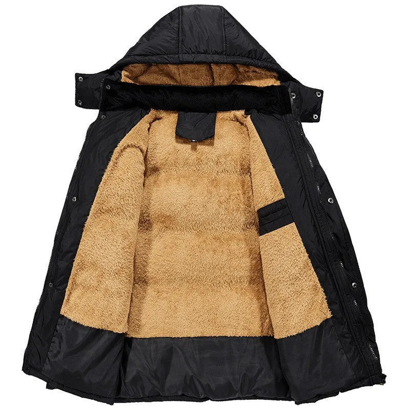 Men's black hooded double-breasted winter padded jacket with velvet lining on a size chart background