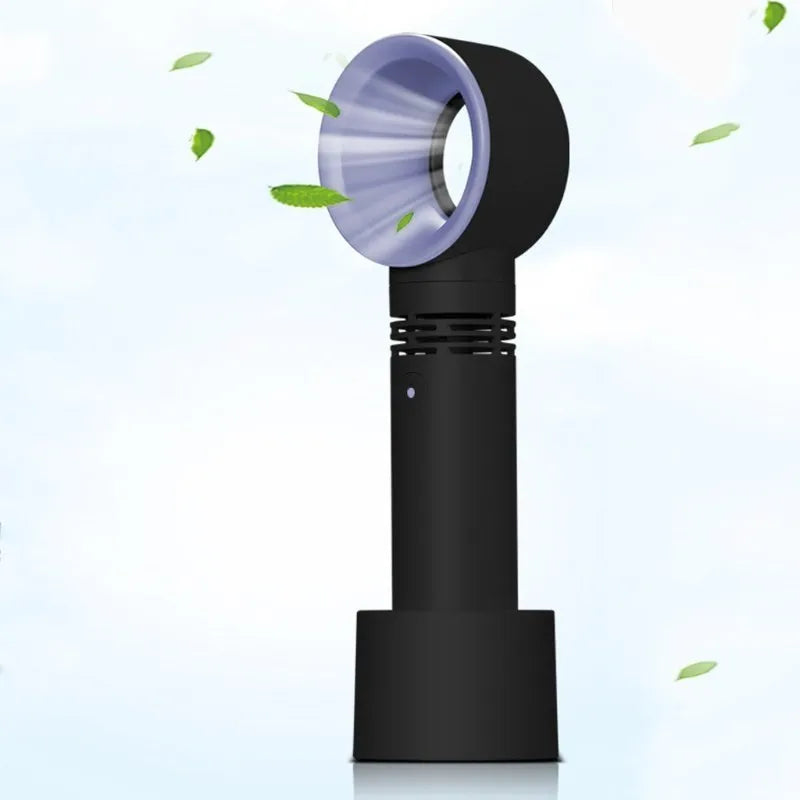 A compact portable bladeless fan with USB cable, shown in one of the available colours like blue or white.