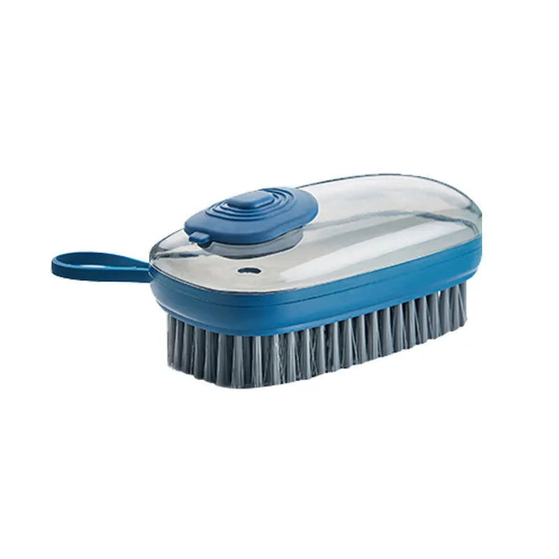 Blue automatic liquid cleaning brush with ergonomic grip for shoes and laundry on a white background.