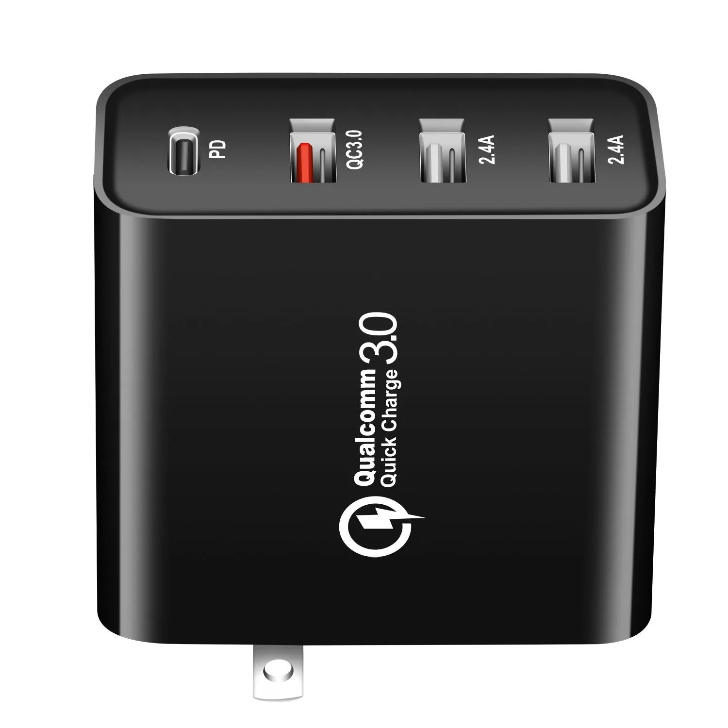 Black 48W four-port USB-C desktop charger with UK plug on a white background.