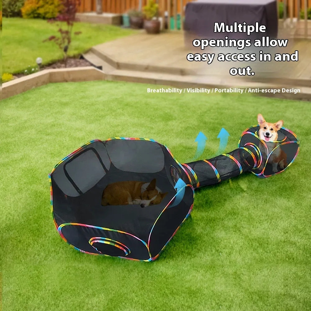 Foldable mesh cat cage with plush toy bed in multiple style configurations