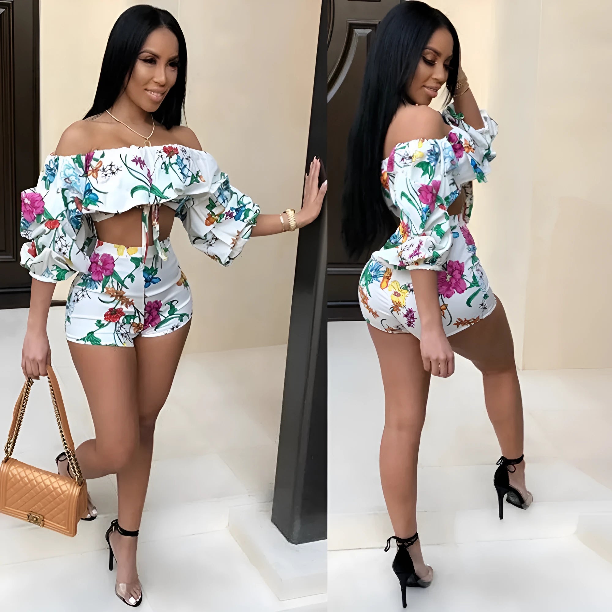 Women's multicolour digital print two-piece suit with pile sleeves and matching shorts
