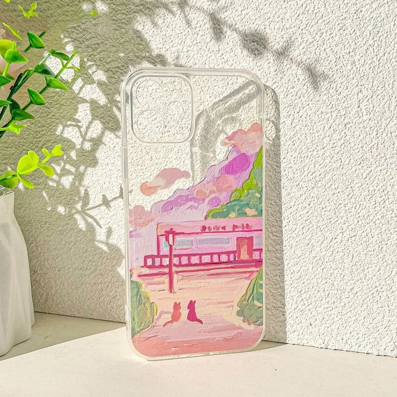 Soft silicone iPhone case with colourful two cats cartoon design on PC material rear cover