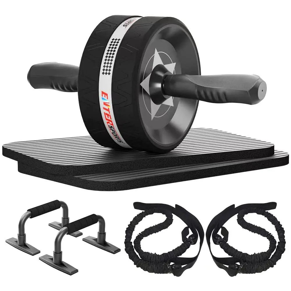 Set of seven abdominal wheels for indoor fitness, shown in red, green, black, and blue colours.