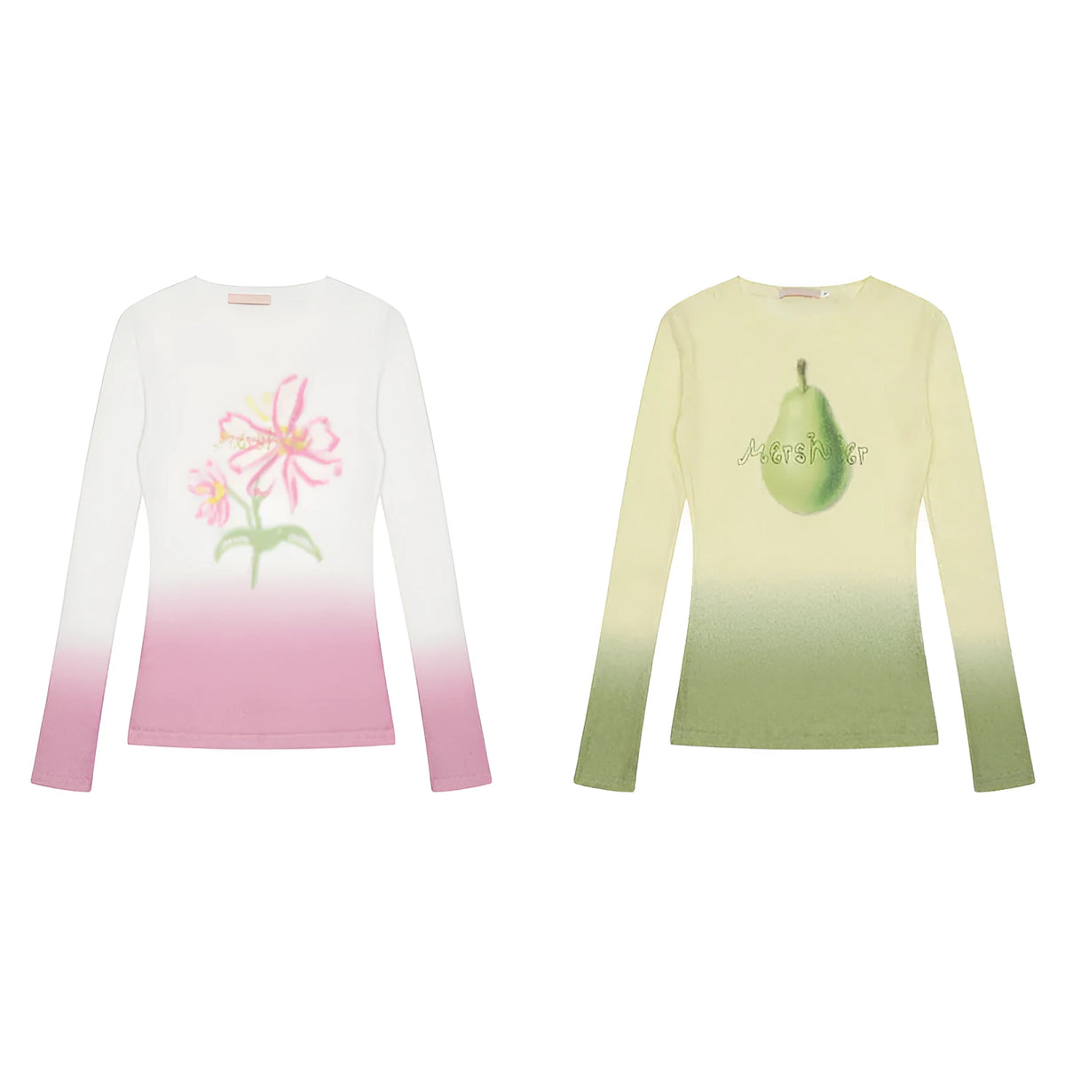 Women's gradient flower print long-sleeved t-shirt in light pink colour, thin polyester fabric