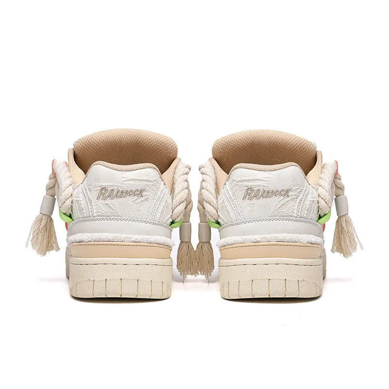 Creamy white retro skate shoes with old damage lace design and low-top construction