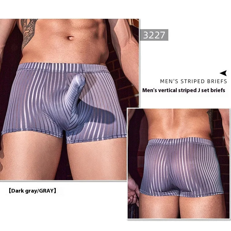 Men's stripes underwear boxer briefs in black colour showing vertical pattern on nylon fabric
