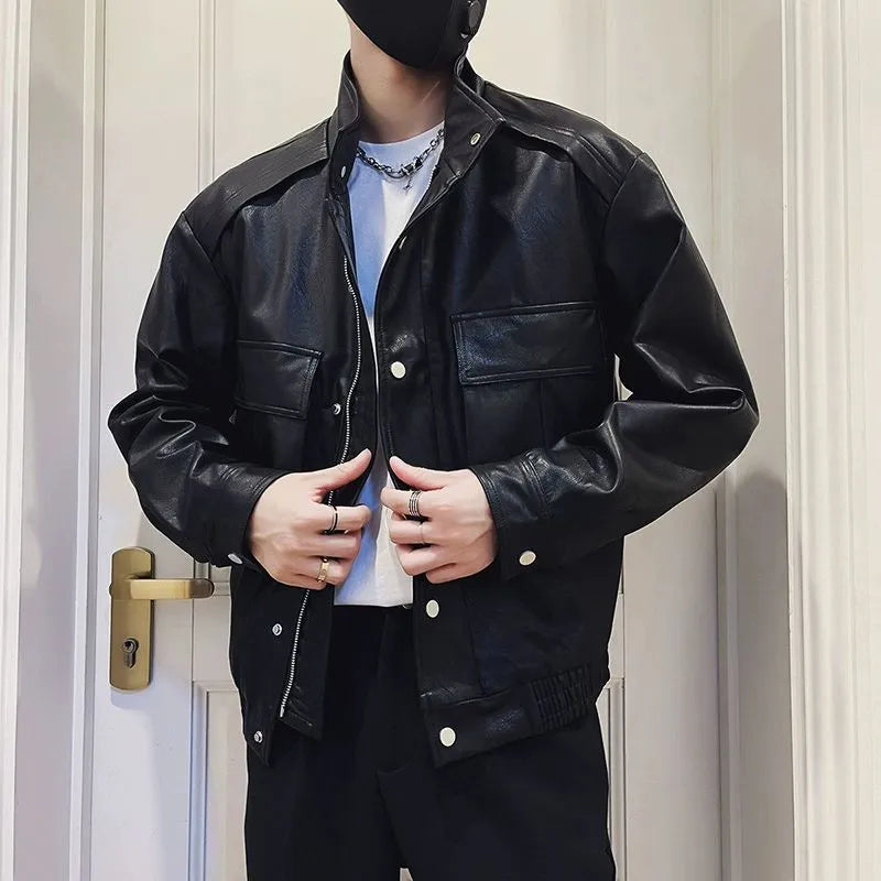 Men's black Korean-style pilot leather jacket with side pockets and straight hem design